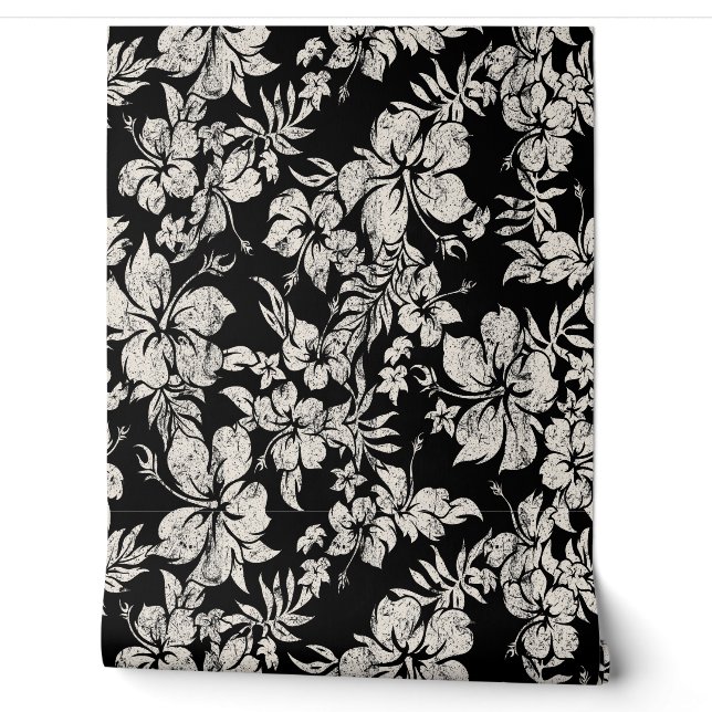 Hibiskus Pareau Distressed Hawaiian - Schwarz Tapete (Abrollen)