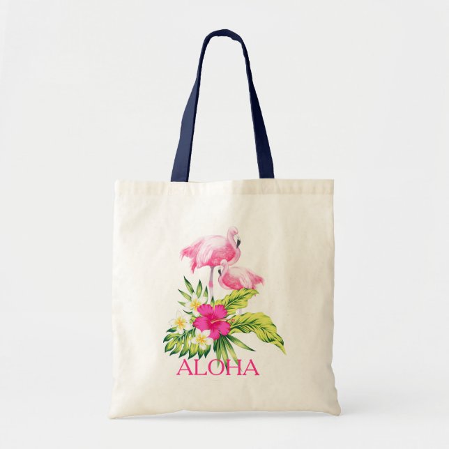 Hibiskus & Pink Flamingos Tropical Design Tragetasche (Vorne)