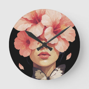 Hibiskus & Schmetterling – Moderne Florale Botanik Runde Wanduhr