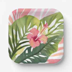 Hibiskus-Schönheit   Tropische Blüten Aquarell Pappteller
