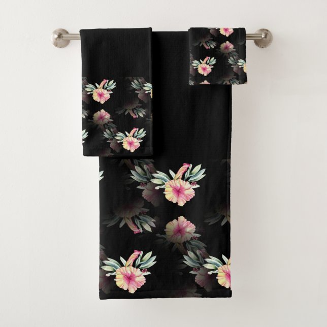 Hibiskus Schwarzes Handtuch Set (Insitu)