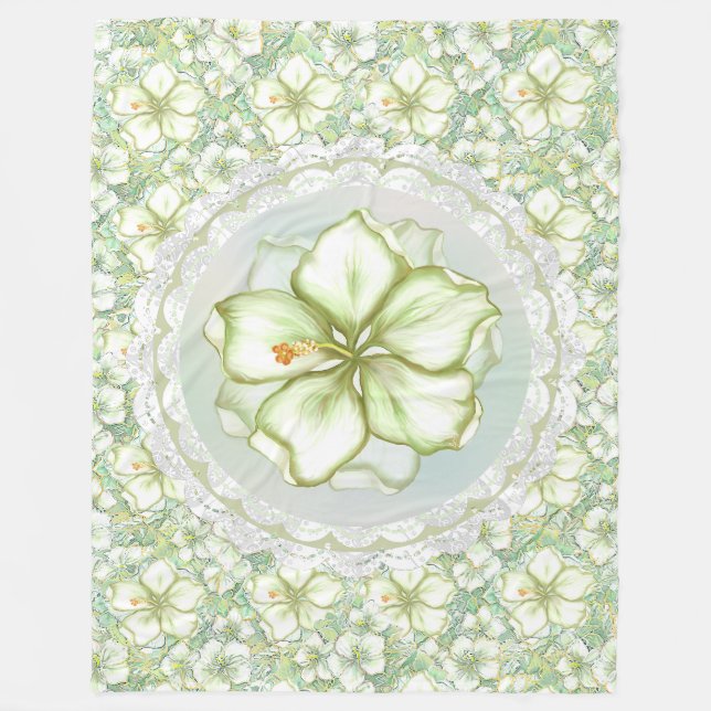 Hibiskus & Spitzen WHITE Fleecedecke (Vorderseite)