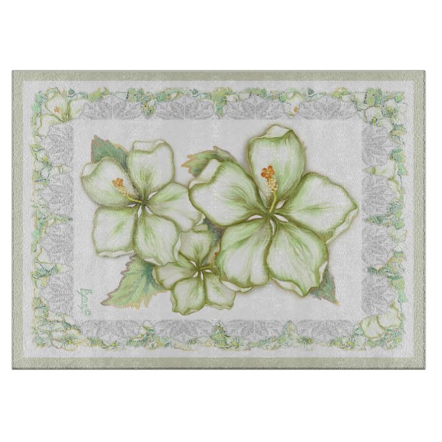 Hibiskus & Spitzen WHITE Schneidebrett (Vorderseite)