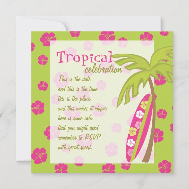 Hibiskus Surfboard Einladung (Vorderseite)