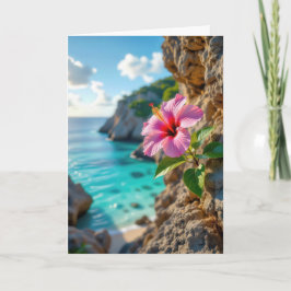 Hibiskus 'Thinking of You' wächst auf einem Felsen Karte