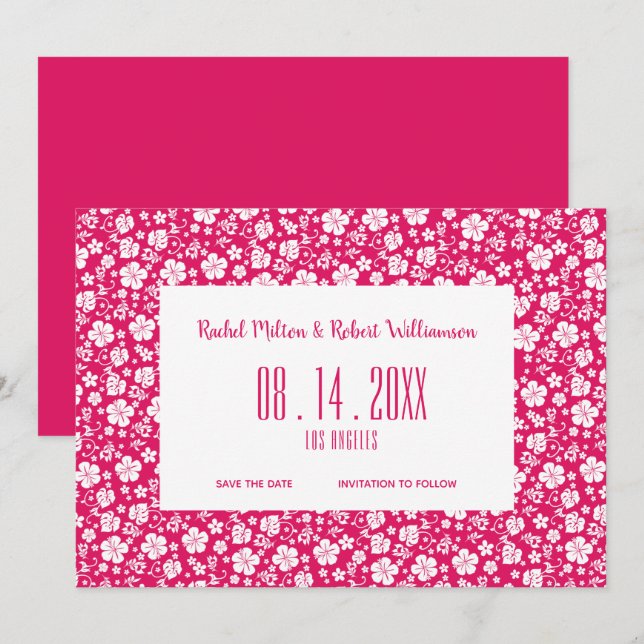 Hibiskus Tropical Hot Pink Wedding Save The Date (Vorne/Hinten)
