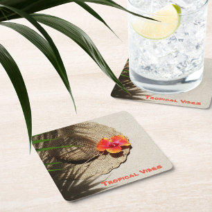 Hibiskus Tropical Vibes Strohhut Rechteckiger Pappuntersetzer