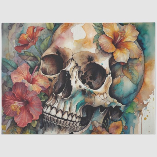 Hibiskus tropischer Goth-Skull-Dekoute Seidenpapier (Vorderseite)