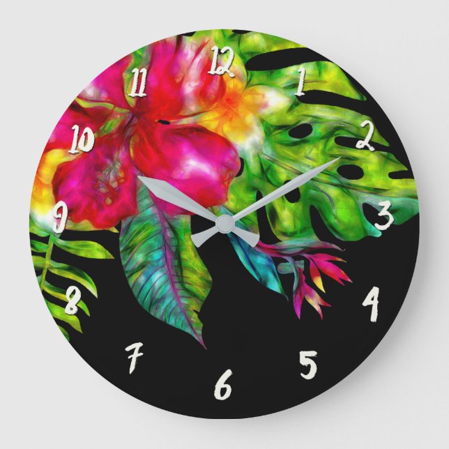 Hibiskus und Blätter in leuchtenden Farben Große Wanduhr (Vorderseite)