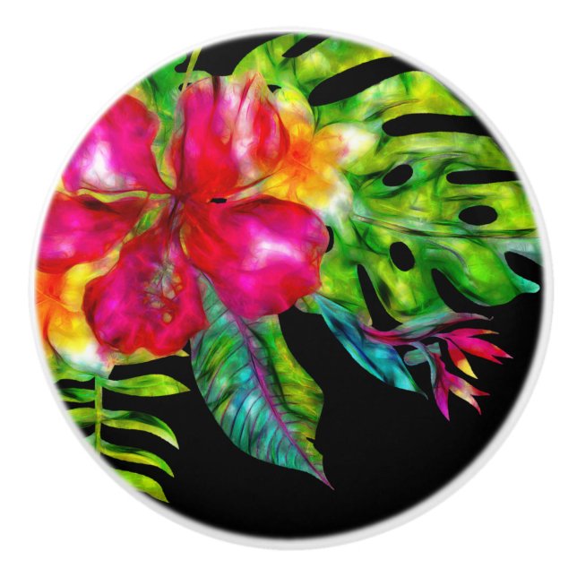 Hibiskus und Blätter in leuchtenden Farben Keramikknauf (Vorderseite)