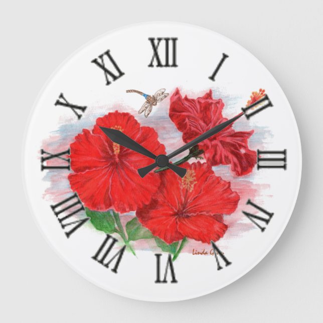 Hibiskus und Dragonfly Große Runduhr Wanduhr (Vorderseite)