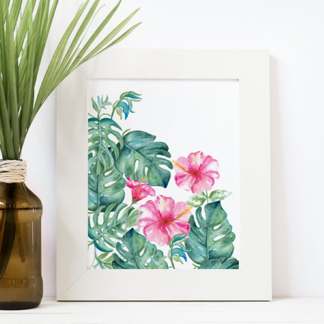 Hibiskus und Monstera-Blätter Poster (Hibiscus flower and monstera palm leaves watercolor print by Victoria Grigaliunas of Do Tell A Belle)