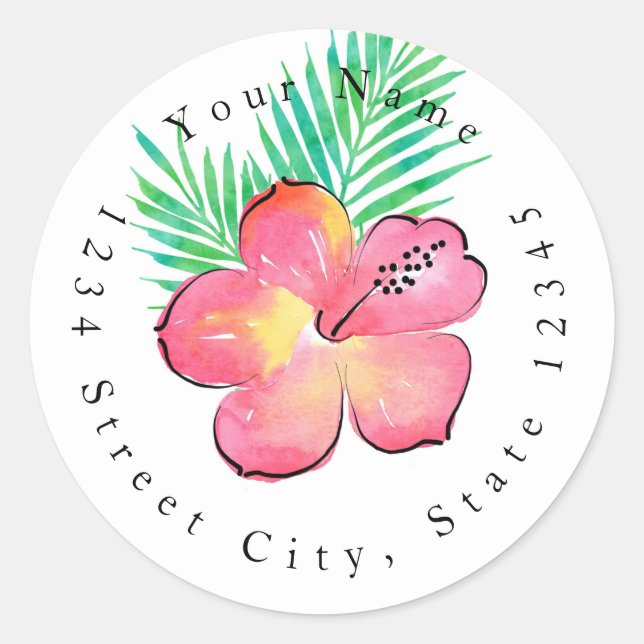 Hibiskus- und Palmfronten Runder Aufkleber (Vorderseite)