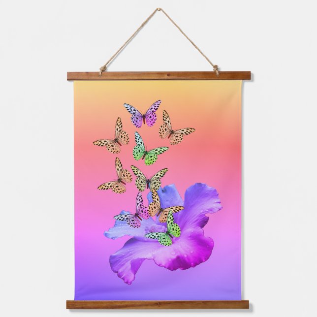 Hibiskus und Schmetterlinge Abstrakt Wandteppich Mit Holzrahmen (Vorderseite)