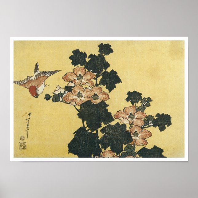 Hibiskus und Sparrow, Hokusai, 1833-34 Poster (Vorne)