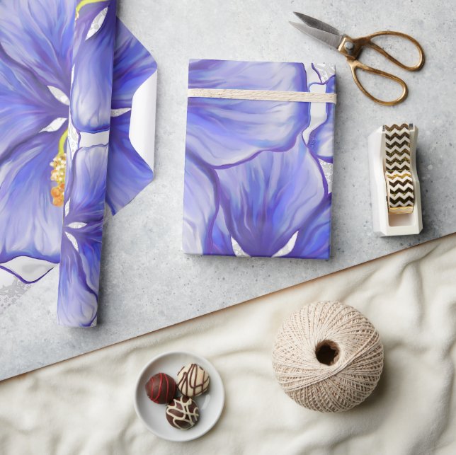 Hibiskus und Spitze BLAU Geschenkpapier (Kunsthandwerk)