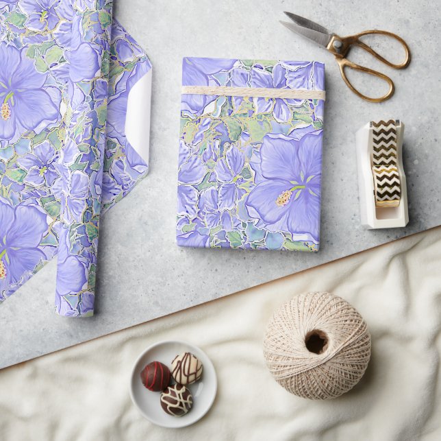 Hibiskus und Spitze BLAU Geschenkpapier (Kunsthandwerk)