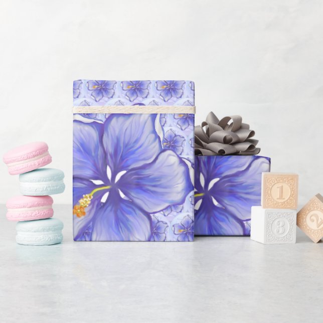 Hibiskus und Spitze BLAU Geschenkpapier (Babyparty)