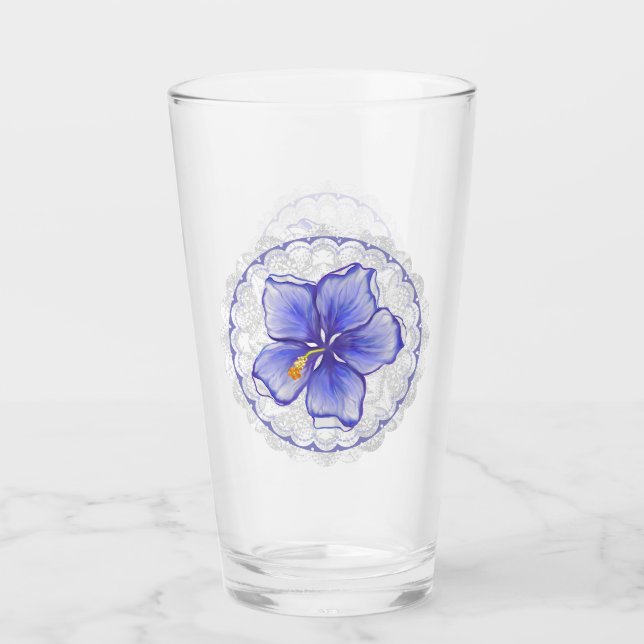 Hibiskus und Spitze BLAU Glas (Vorderseite)