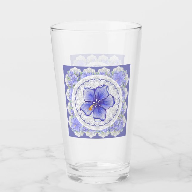 Hibiskus und Spitze BLAU Glas (Vorderseite)