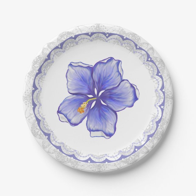 Hibiskus und Spitze BLAU Pappteller (Vorderseite)
