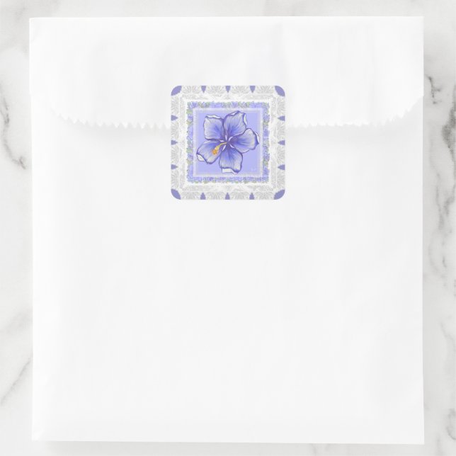 Hibiskus und Spitze BLAU Quadratischer Aufkleber (Tasche)