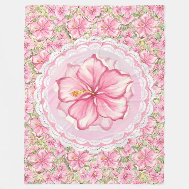 Hibiskus und Spitzen PINK Fleecedecke (Vorderseite)