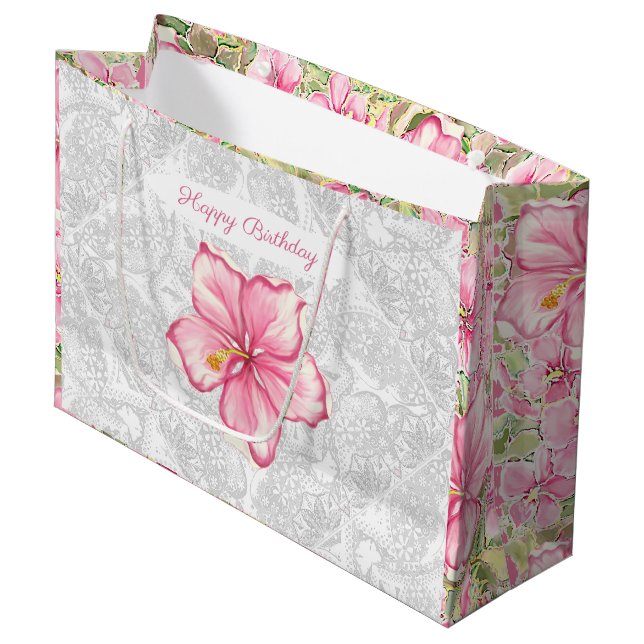 Hibiskus und Spitzen PINK Große Geschenktüte (Vorderseite Schrägansicht)