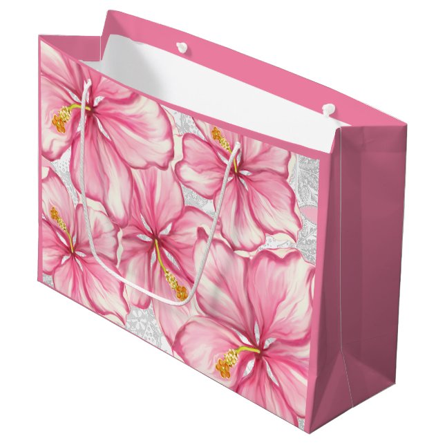 Hibiskus und Spitzen PINK Große Geschenktüte (Vorderseite Schrägansicht)