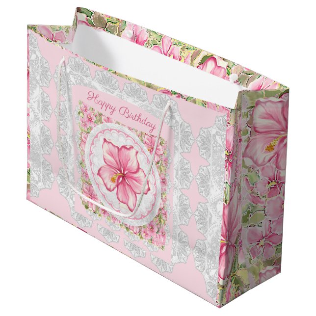 Hibiskus und Spitzen PINK Große Geschenktüte (Vorderseite Schrägansicht)