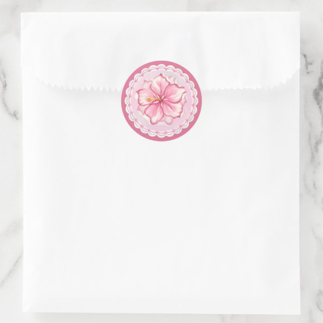 Hibiskus und Spitzen PINK Runder Aufkleber (Tasche)