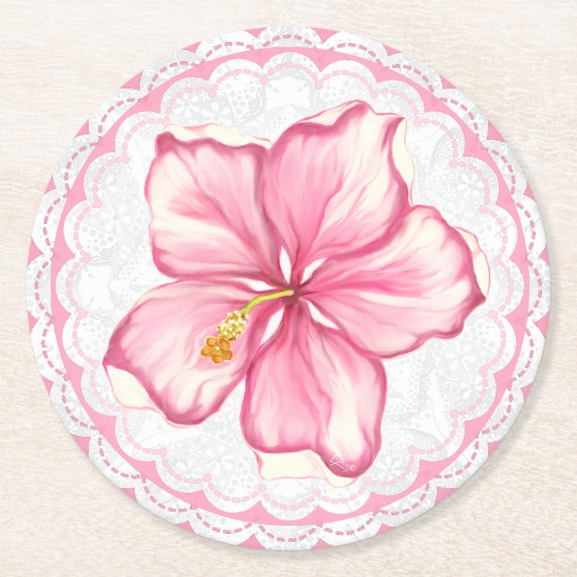 Hibiskus und Spitzen PINK Runder Pappuntersetzer (Vorderseite)