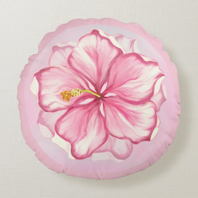 Hibiskus und Spitzen PINK Rundes Kissen (Vorderseite)