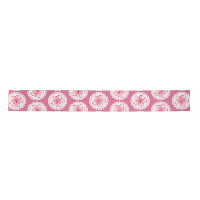 Hibiskus und Spitzen PINK Satinband (Vorderseite)