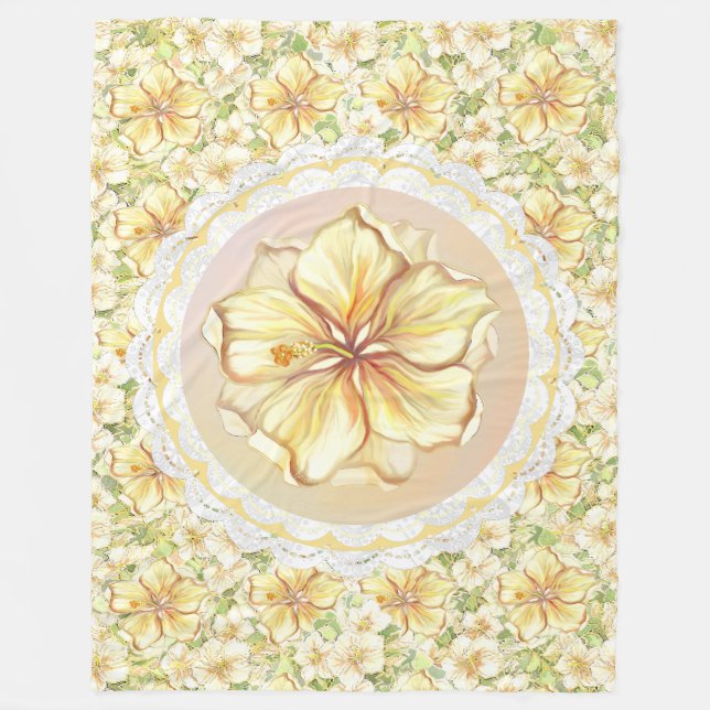 Hibiskus und Spitzen YELLOW Fleecedecke (Vorderseite)
