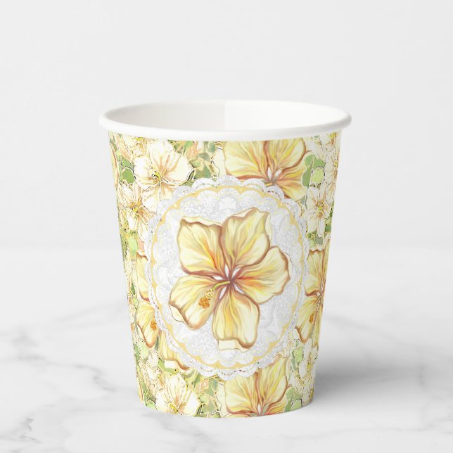 Hibiskus und Spitzen YELLOW Pappbecher (Links)