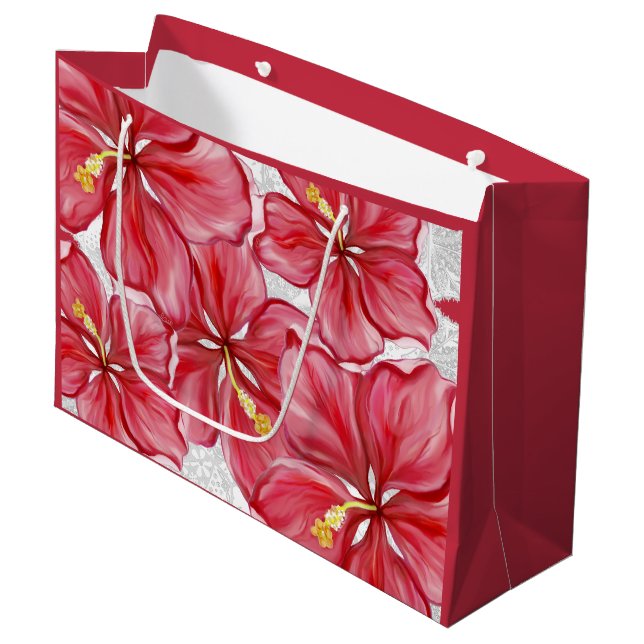 Hibiskus und Spitzenleistung ROT Große Geschenktüte (Vorderseite Schrägansicht)