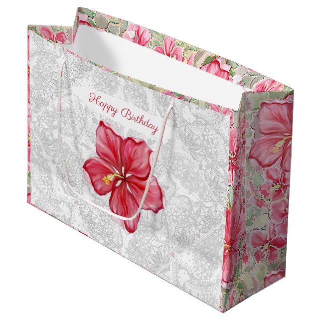Hibiskus und Spitzenleistung ROT Große Geschenktüte (Vorderseite Schrägansicht)