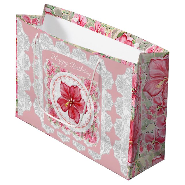 Hibiskus und Spitzenleistung ROT Große Geschenktüte (Vorderseite Schrägansicht)