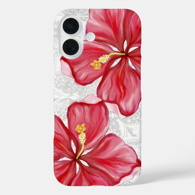 Hibiskus und Spitzenleistung ROT iPhone 16 Hülle (Rückseite)