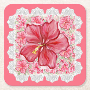 Hibiskus und Spitzenleistung ROT Rechteckiger Pappuntersetzer