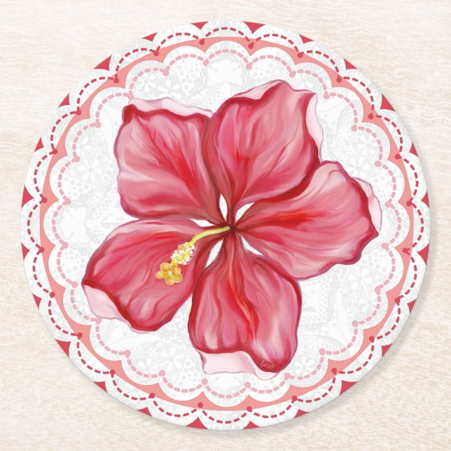 Hibiskus und Spitzenleistung ROT Runder Pappuntersetzer (Vorderseite)