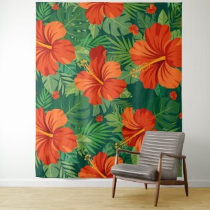 Hibiskusblüten Rot Orange Grün Dschungelfoliage Wandteppich
