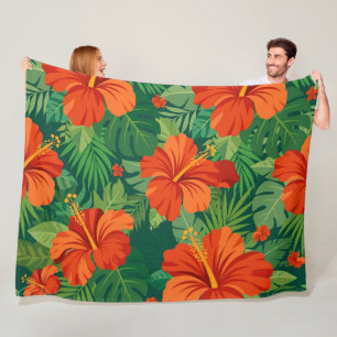Hibiskusblüten Rot Orange Grün Dschungellaub Fleecedecke
