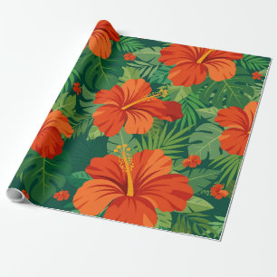 Hibiskusblüten Rot Orange Grün Dschungellaub  Geschenkpapier