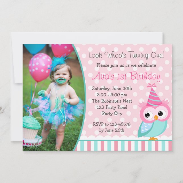 hibou 1er anniversaire Invitations avec photo Turq (Devant)