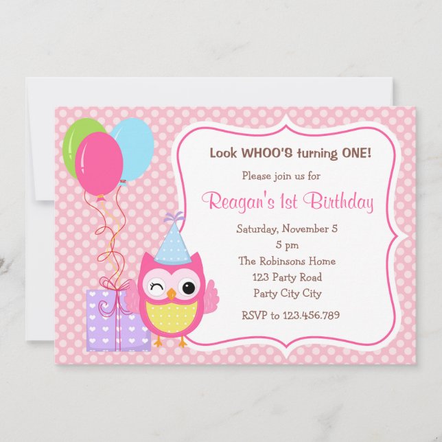 Hibou 1er anniversaire Invitations pour les filles (Devant)