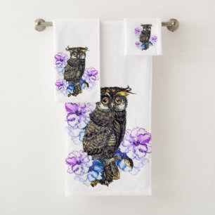 Hibou Brun Fleurs Violettes