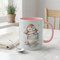 Hibou endormi dans des tasses à thé florales empil