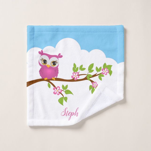 Hibou rose mignon sur une branche (Gant de toilette)